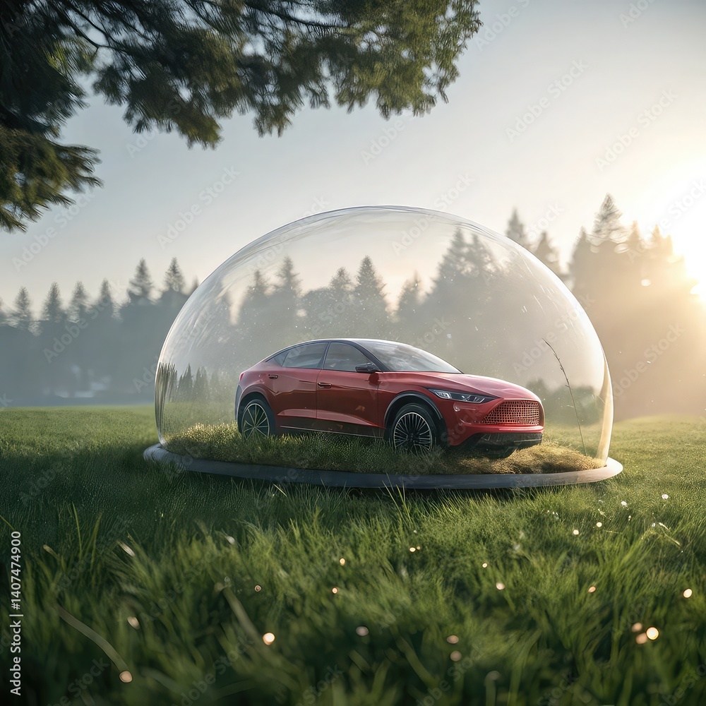Modern Car Under Glass Bubble, Stylized Image of Red Car in a Dome on Grass with Warm Sunlight, Smart Car of the Future Secured in Glass Sphere on Green Field, Modern Car Safety Innovation, Vehicle Un