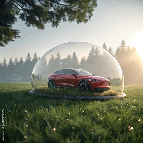 Obraz na płótnie Modern Car Under Glass Bubble, Stylized Image of Red Car in a Dome on Grass with Warm Sunlight, Smart Car of the Future Secured in Glass Sphere on Green Field, Modern Car Safety Innovation, Vehicle Un w salonie