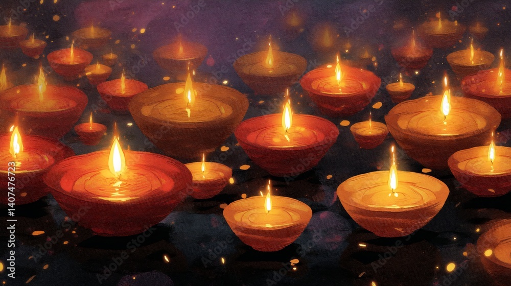 Many candles glow in a dark setting Many candles glow in a dark setting