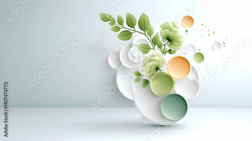 Elegant floral arrangement with pastel circles and leaves against a light background