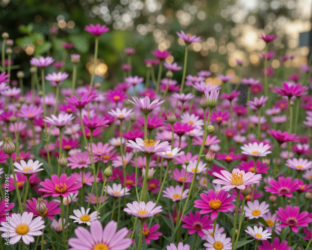 A vibrant field of pink and white daisies in full bloom, creating a colorful and lively atmosphere under soft sunlight. A vibrant field of pink and white daisies in full bloom, creating a colorful and lively atmosphere under soft sunlight.