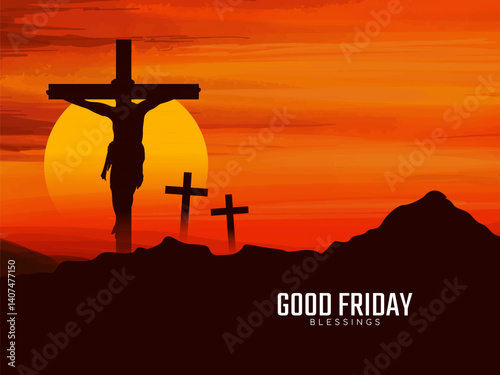 Jesus christ crucifixion rising depicted by cross sun set scene card