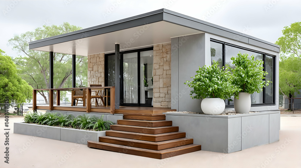 Modern, prefabricated house with stone and wood accents, spacious deck, and landscaping Modern, prefabricated house with stone and wood accents, spacious deck, and landscaping