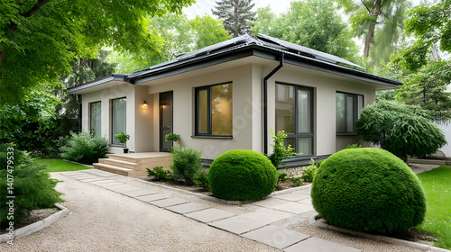 Modern single-story house with landscaped garden and walkway