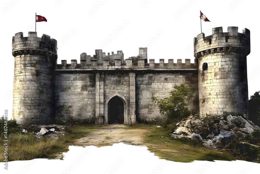 fort surrounded castle on transparent background, png file