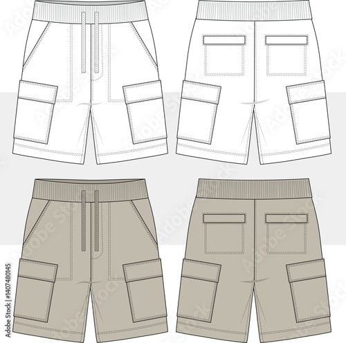 Cargo Shorts elastic waist, active wear technical fashion Illustration, vector.  Men's Short Pants  flat technical drawing template, pockets, front and back view, unisex CAD, mockup.