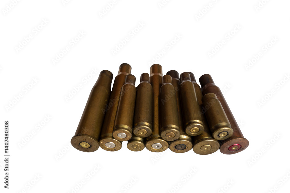 Empty cartridges of various calibers, after shooting, on the work table Empty cartridges of various calibers, after shooting, on the work table