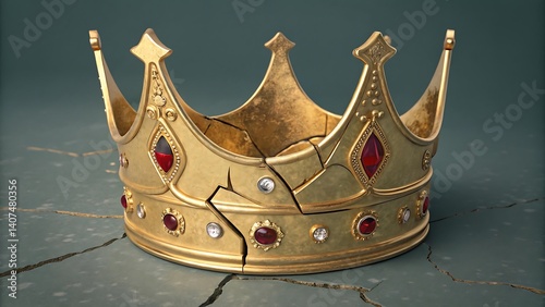 Close up of a cracked golden crown with red and white jewels on a cracked surface background