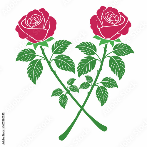 Vector illustration of two red roses with green leaves crossed in an elegant composition. Perfect for Valentine's Day, love themes, floral decorations, wedding invitations and romantic designs.
