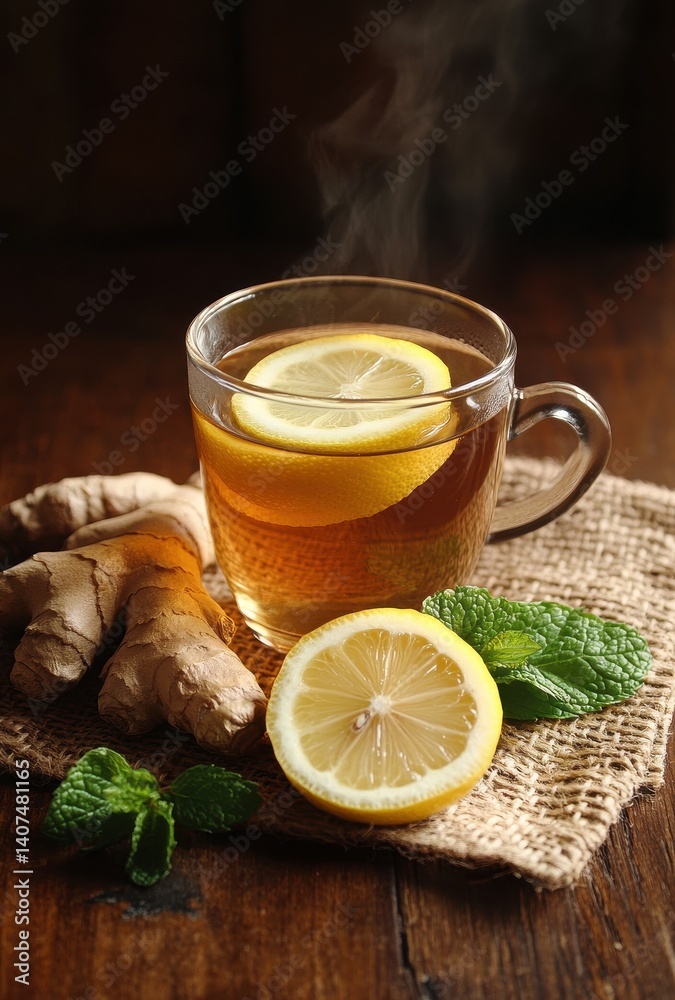 Hot aromatic ginger tea with fresh lemon slices and mint leaves in a clear glass cup on a rustic wooden table with natural lighting and warmth Hot aromatic ginger tea with fresh lemon slices and mint leaves in a clear glass cup on a rustic wooden table with natural lighting and warmth