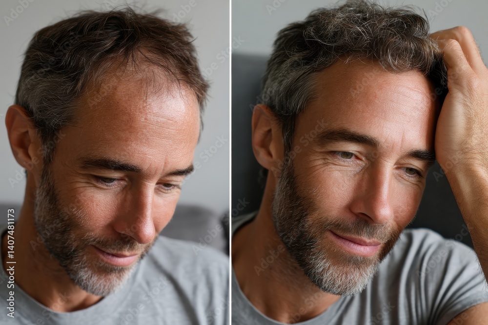 Obraz premium A man seated and showing a close-up of his thinning hair and beard while contemplating, highlighting aspects of aging and confidence in a candid moment.