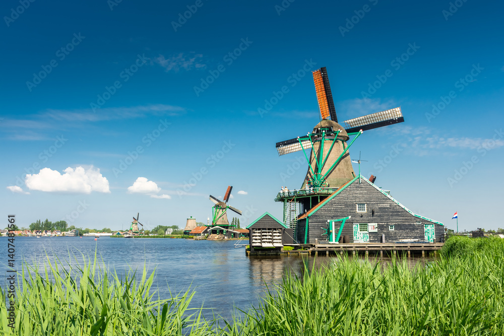 Beautiful windmills in the countryside area of Zaanse Schans, Netherlands