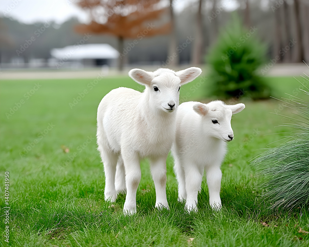 Obraz premium Two adorable white lambs frolic in a lush green pasture