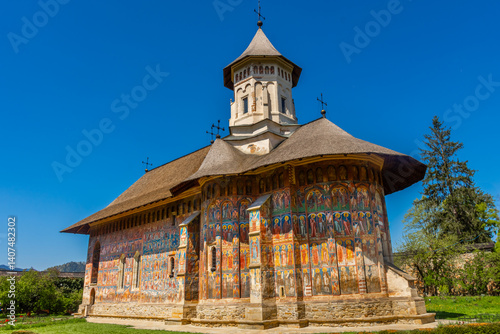 Amazing colorful painted monastery of Moldovita, Bucovina,  Romania