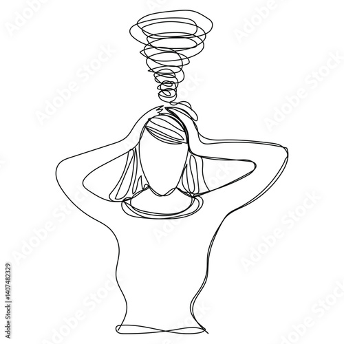 Sketch problem concept minimal woman emotion stress headache drawing line art. Female unhappy depress hand drawn continuous line concept with white ioslated background. Abstract,vector,illustration.