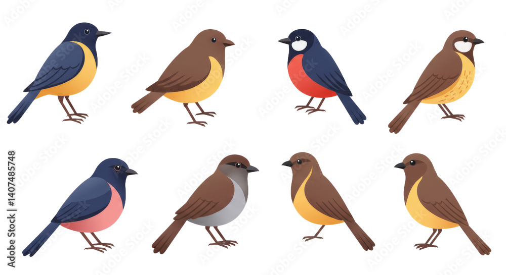 Naklejka premium Eight Colorful Birds Pixel Art Illustration on Transparent Background