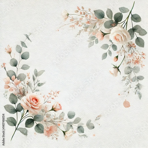 A delicate watercolor illustration featuring soft peach and ivory roses, eucalyptus leaves, and pastel blossoms arranged in a corner floral frame on a textured white background.