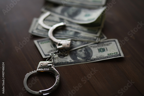 Schilderij op canvas Handcuffs on Stack of Dollar Bills Symbolizing Financial Crime and Corruption