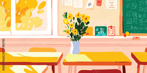 A vibrant illustration captures the warmth and joy of a classroom with a vase of sunflowers adorning a desk. The scene depicts a cozy and inviting learning environment.