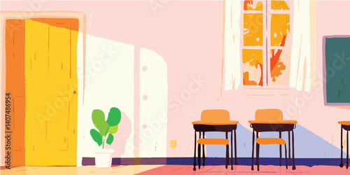 A classroom interior, a sce...