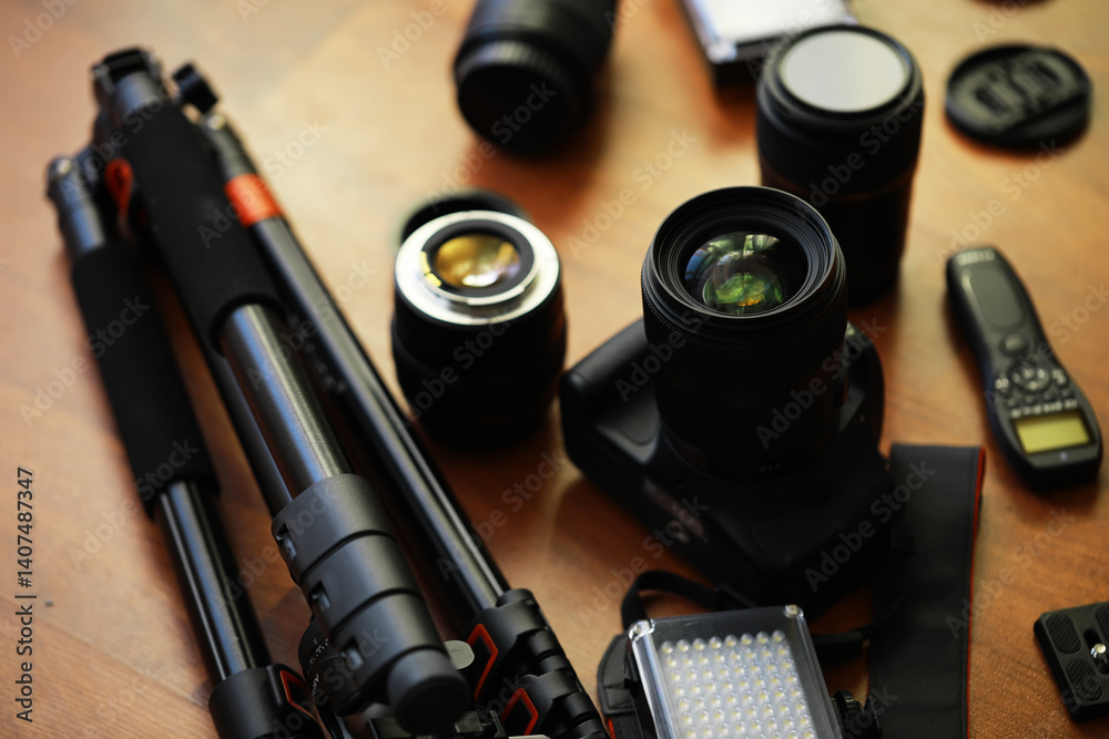 Professional Photography Equipment: Tripod, Camera, Lenses, Remote, and Flash on Wooden Surface
