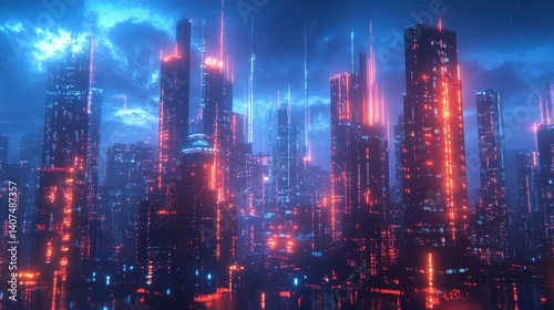 Futuristic neon cityscape at night with illuminated skyscrapers and cloudy sky