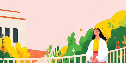 A serene illustration of a woman stands on a balcony, basking in the warmth of the day. enjoying a panoramic vista, The artwork captures a tranquil ambiance.