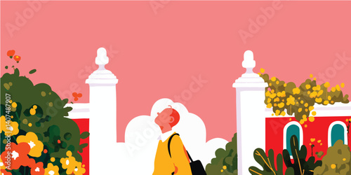 A person walking through a beautiful gate into a lovely place. the illustration evokes a sense of anticipation and new beginnings.