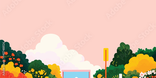 A scenic route through a vibrant, colorful landscape, featuring blooming flowers, lush trees, and a pale pink sky, offers a picturesque and inviting travel experience. 
