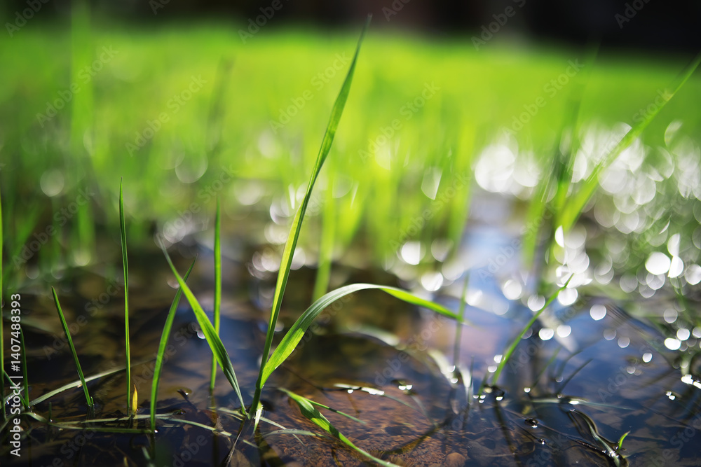 Fototapeta premium Close-Up of Fresh Green Grass with Water Drops in a Sunlit Meadow