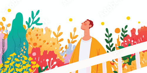 A person strides purposefully, ascending the steps into a world of floral diversity, symbolizing growth, positivity, and optimism.