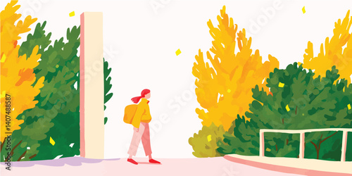 A solitary figure, embarking on a journey amidst a vibrant, illustrated autumnal landscape, evokes a sense of peaceful introspection. The warm hues of autumn, the subtle textures.