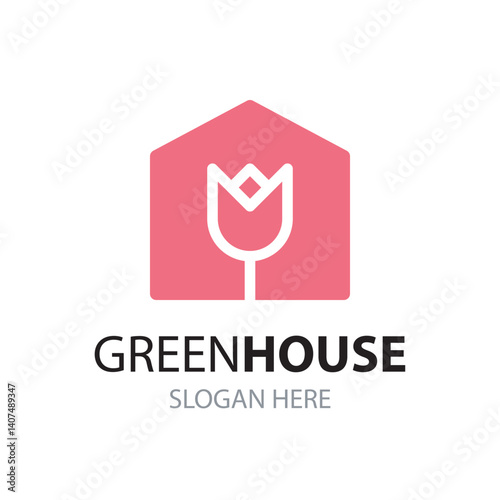 Flower greenhouse logo. Green house with tulip flower vector logotype