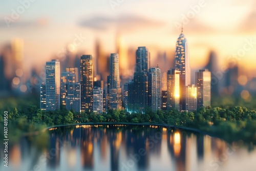 City skyline at sunset with reflections on water and lush greenery in the foreground