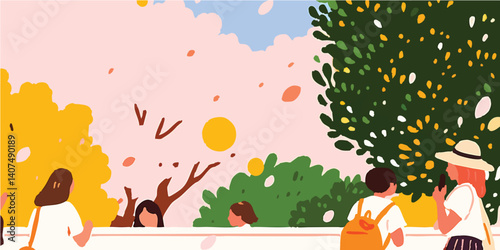 A vibrant scene of individuals enjoys nature with animated color and texture, perfectly encapsulates the joy of outdoor life. Capturing the warmth of a summer day and the beauty of the environment. 