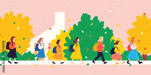 Young students walk to school under colorful leaves, illustrating the start of a new school year and the excitement of learning. The warm color palette of the scene.