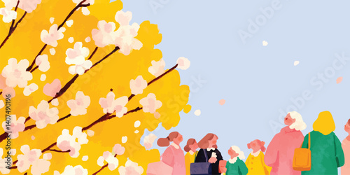 A vibrant illustration captures a gathering of people strolling beneath a blossoming cherry tree, painted with a touch of artistic flair. The image evokes a sense of springtime beauty.