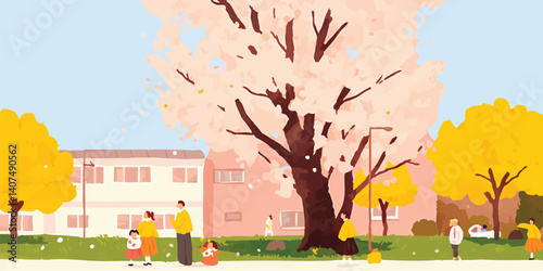 Springtime blossom in full bloom, a vibrant cherry tree stands tall in a neighborhood park, families stroll enjoying the warm weather.  