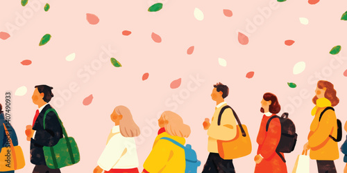 A stylized illustration shows a diverse group of individuals strolling beneath falling petals, symbolizing the start of the season and the journeys people take.