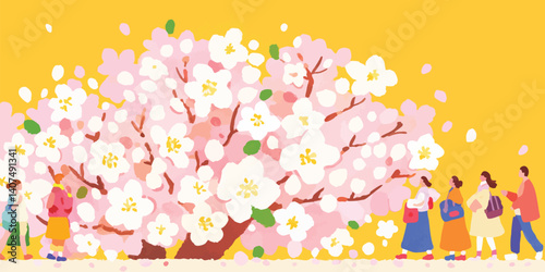A vibrantly-colored illustration of people strolling beneath the blooming cherry blossom. Depicting an atmosphere of serene relaxation. A symbol of spring's renewal.