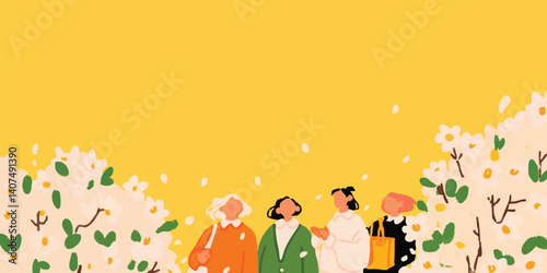 Four women take a stroll through a picturesque, blossoming garden, their silhouettes against the vibrant yellow backdrop, capturing the essence of friendship.
