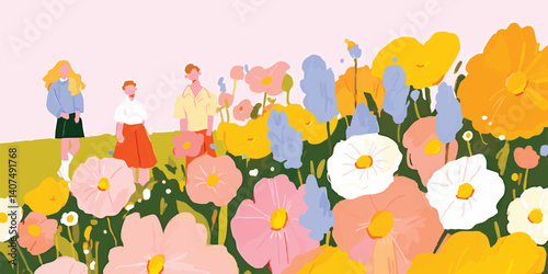 A vibrant and whimsical illustration captures a family enjoying a leisurely stroll through a blooming garden, filled with diverse flowers in soft pastels, creating a sense of joyful togetherness. 