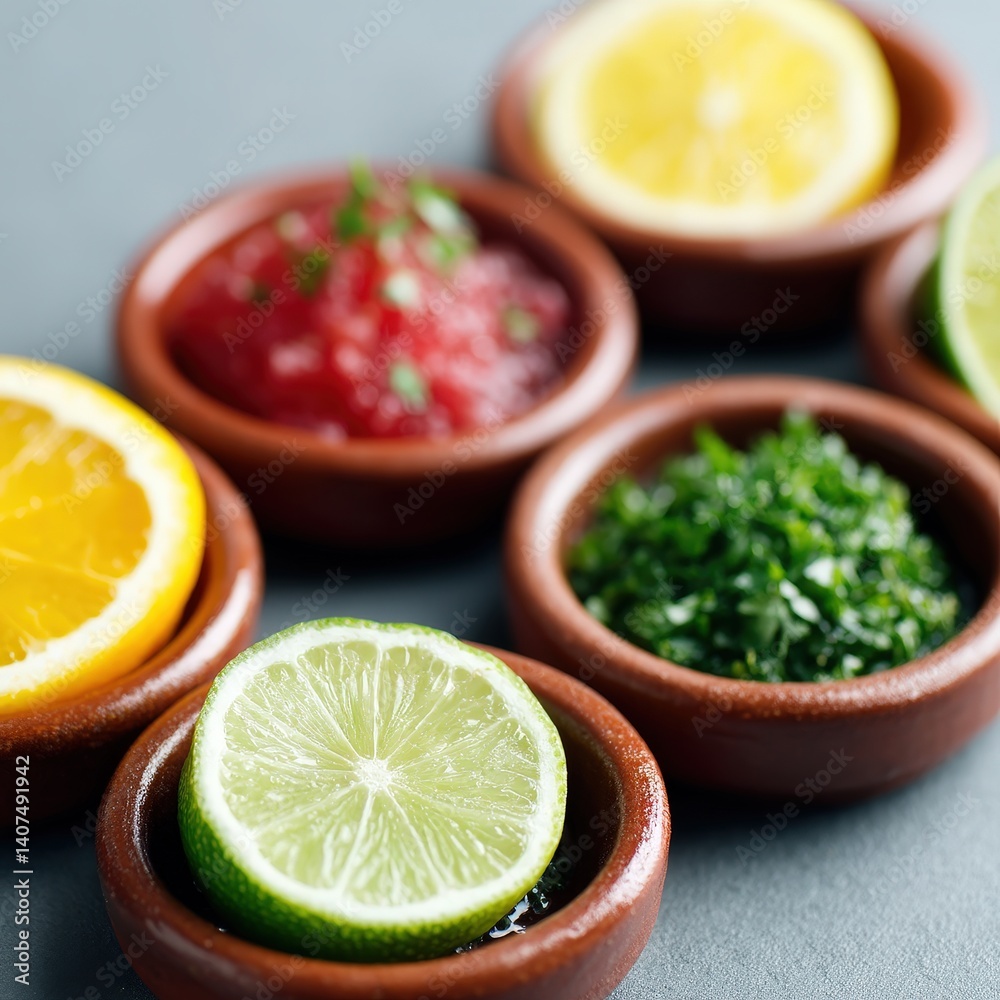 Colorful tapas selection on rustic plates, garnished with parsley and fresh citrus Colorful tapas selection on rustic plates, garnished with parsley and fresh citrus