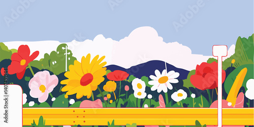 A vivid and colorful illustration captures a delightful spring scene, where vibrant flowers burst forth in full bloom against a backdrop of gently rolling hills. 