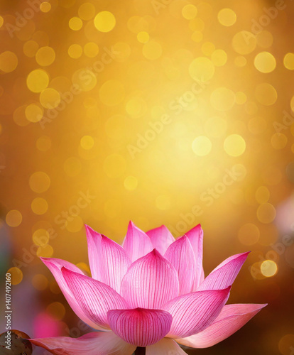 A lotus flower blooming under golden sparkling lights