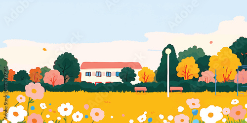 A vivid illustration of a charming landscape featuring a cozy building nestled amidst a vibrant tapestry of blooming flowers, and lush trees, bathed in the warm glow of daylight.
