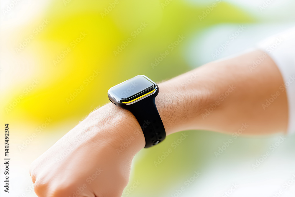 Fototapeta premium Smartwatch displayed on wrist, showcasing sleek design and functionality. Bright blurred background emphasizes a contemporary setting. Concept of technology, fitness tracking, lifestyle improvement