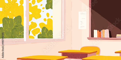 A vibrant classroom scene, with yellow and green nature scenes peeking through windows, evoking a sense of freshness and creativity, the neatly arranged desks awaiting eager students.