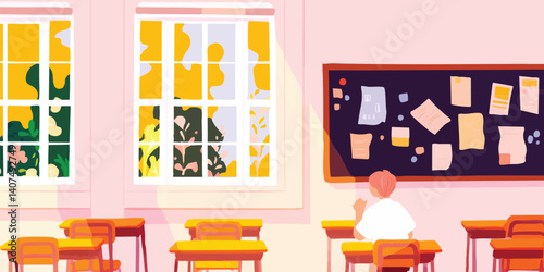 A student sits alone in a classroom, gazing out of windows, illuminated by natural light, creating a scene of peaceful contemplation.
