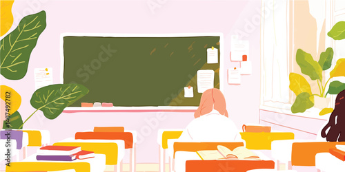 A student sits alone in a quiet classroom, lost in a book and surrounded by colorful desk, a sense of calm contemplation and focused learning.